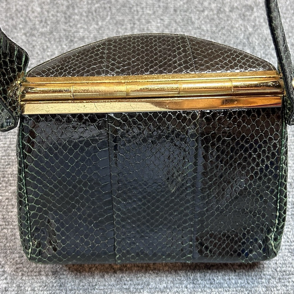 Vintage Dark Green Snake Lizard Skin Handbag with Clasp Closure By Alan Reptile - Picture 6 of 14